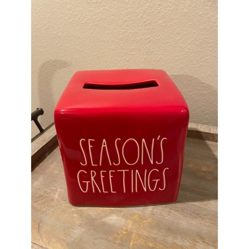 RAE DUNN Ceramic Seasons Greetings Red Tissue Box Holder